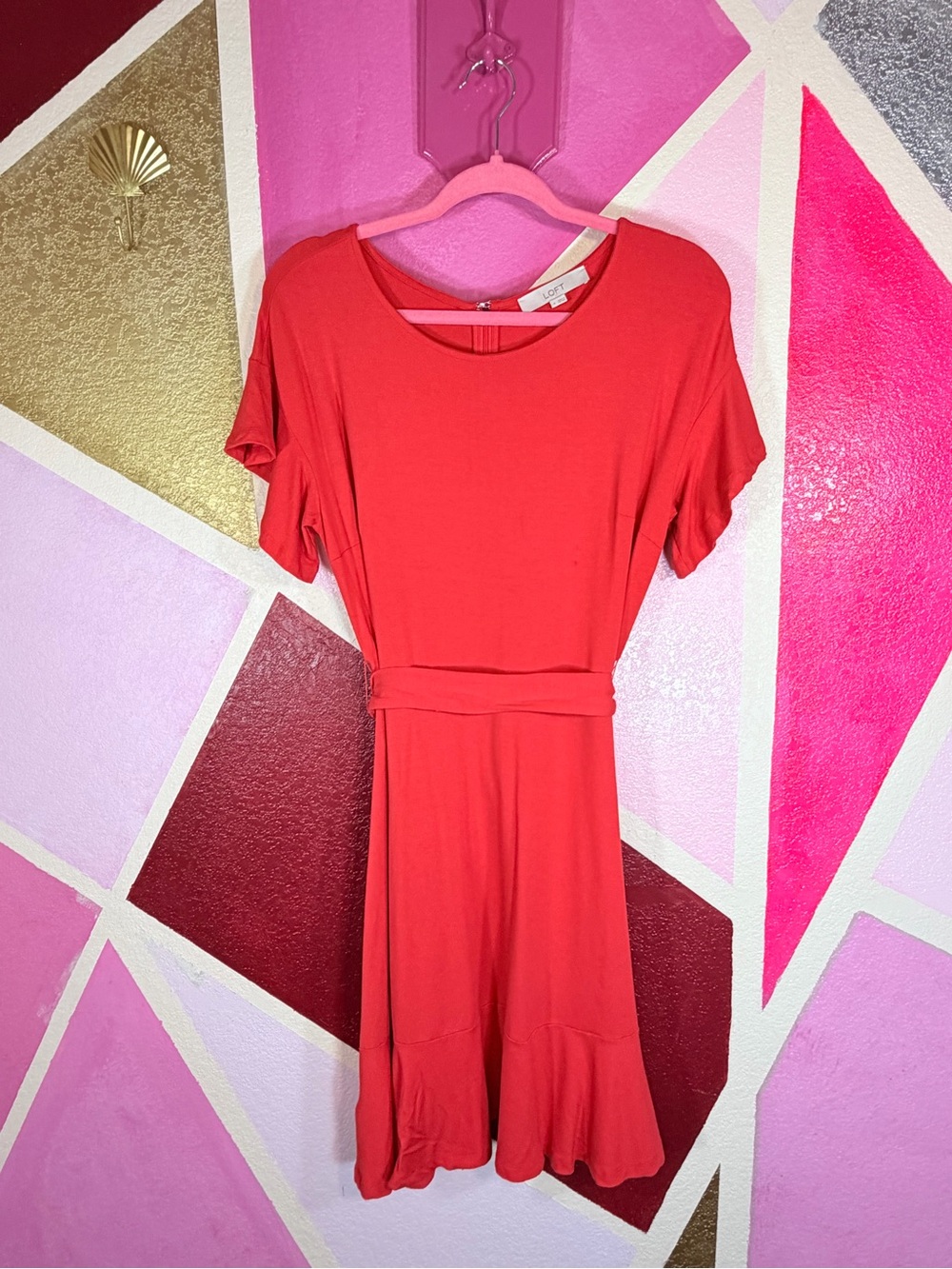 LOFT Red Belted Jersey Flounce Hem Short Sleeve Dress Size 4